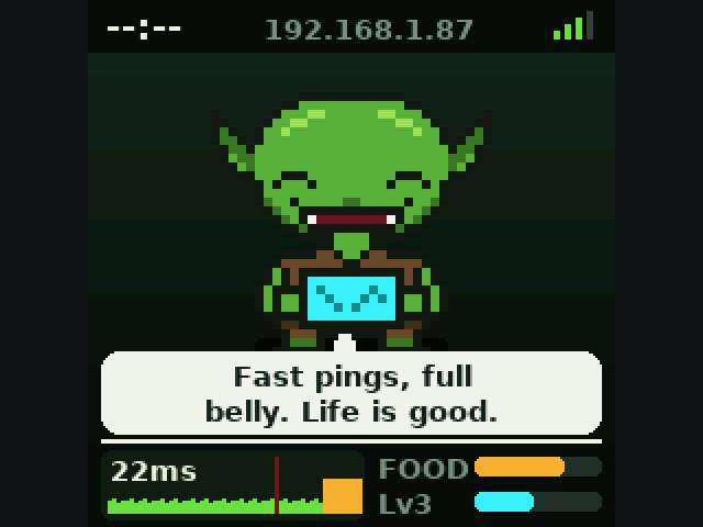 DB-1 screen: a happy pixel goblin saying life is good, 22 ms ping