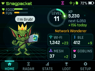 Network Goblin Scout home screen: the goblin, its level and hoard counters